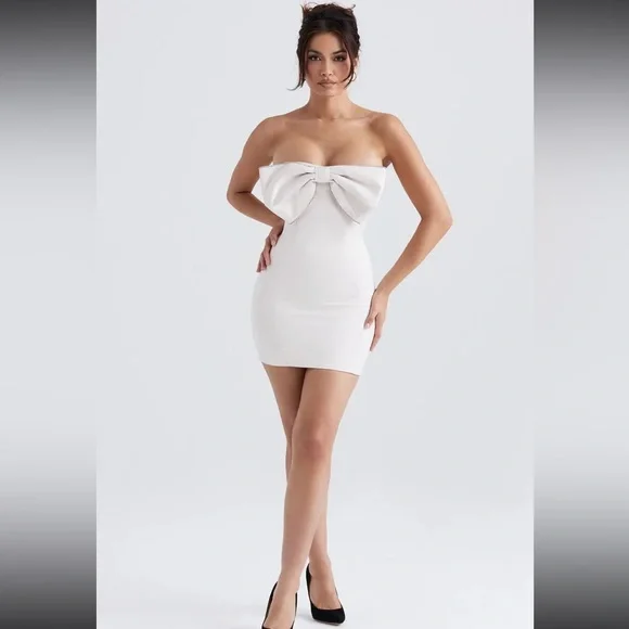 House of CB Ariella Ivory Satin Crystal Embellished Bow Dress
